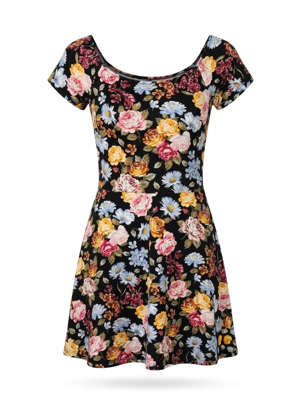 Forever 21 Black Floral Scoop Neck Skater Dress